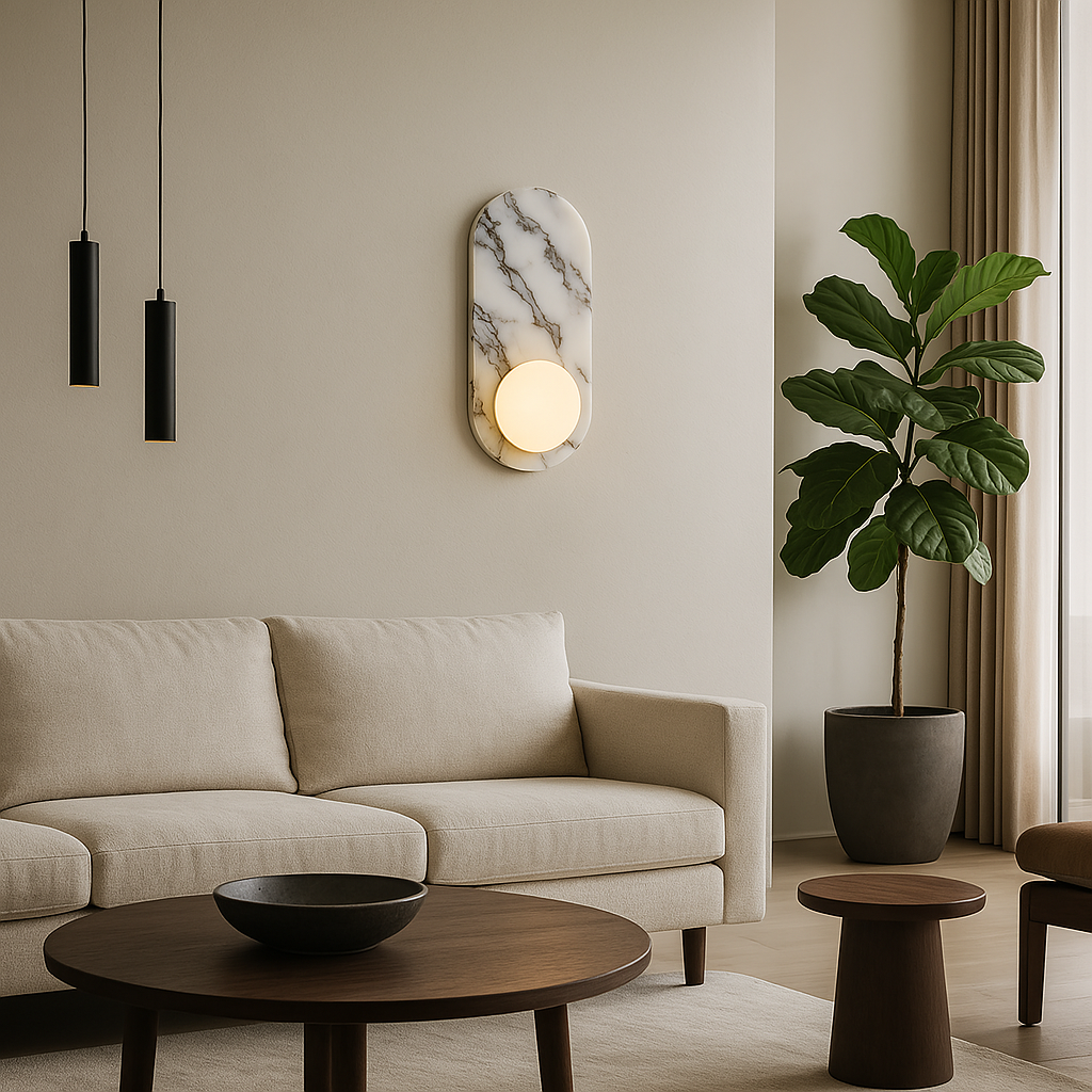 exklusiv vägglampa i naturlig marmor med runda glaskupor för modern och lyxig inredning